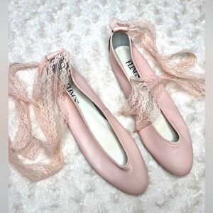 Flings NEW Vintage 80s Pink Leather Ballet Flats w/ Lace Up Leg Laces